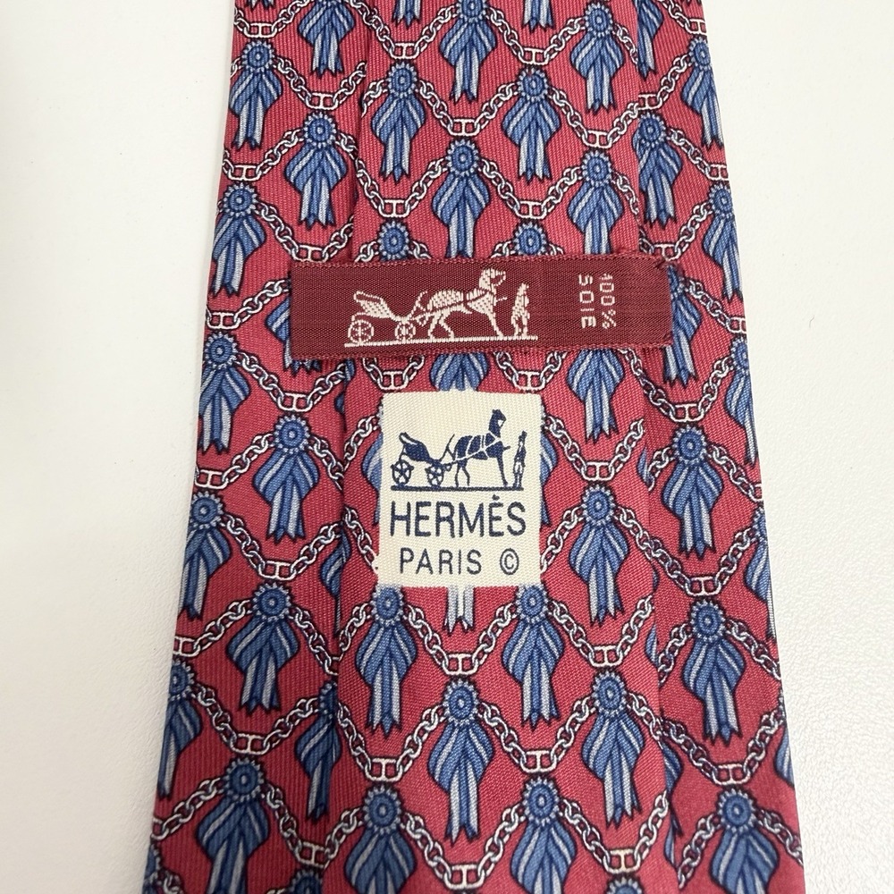 Hermes Mens Tie Award Ribbons Red/Blue Satin Silk 716 FA 3.25" (W) x 55" (L) guc